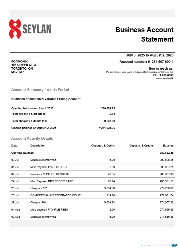 Sri Lanka Seylan Bank organization checking account statement Word and PDF template